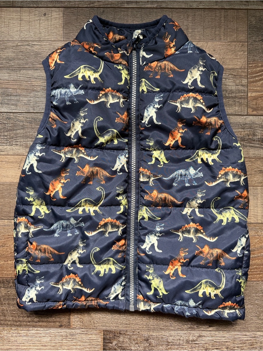 Kids Headquarters Navy Dinosaur Print Puffer Vest with Orange and Yellow Accents